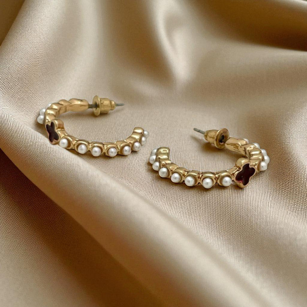 Jazbaat Four-Leaf Clover & Pearl Studded Hoop Earrings