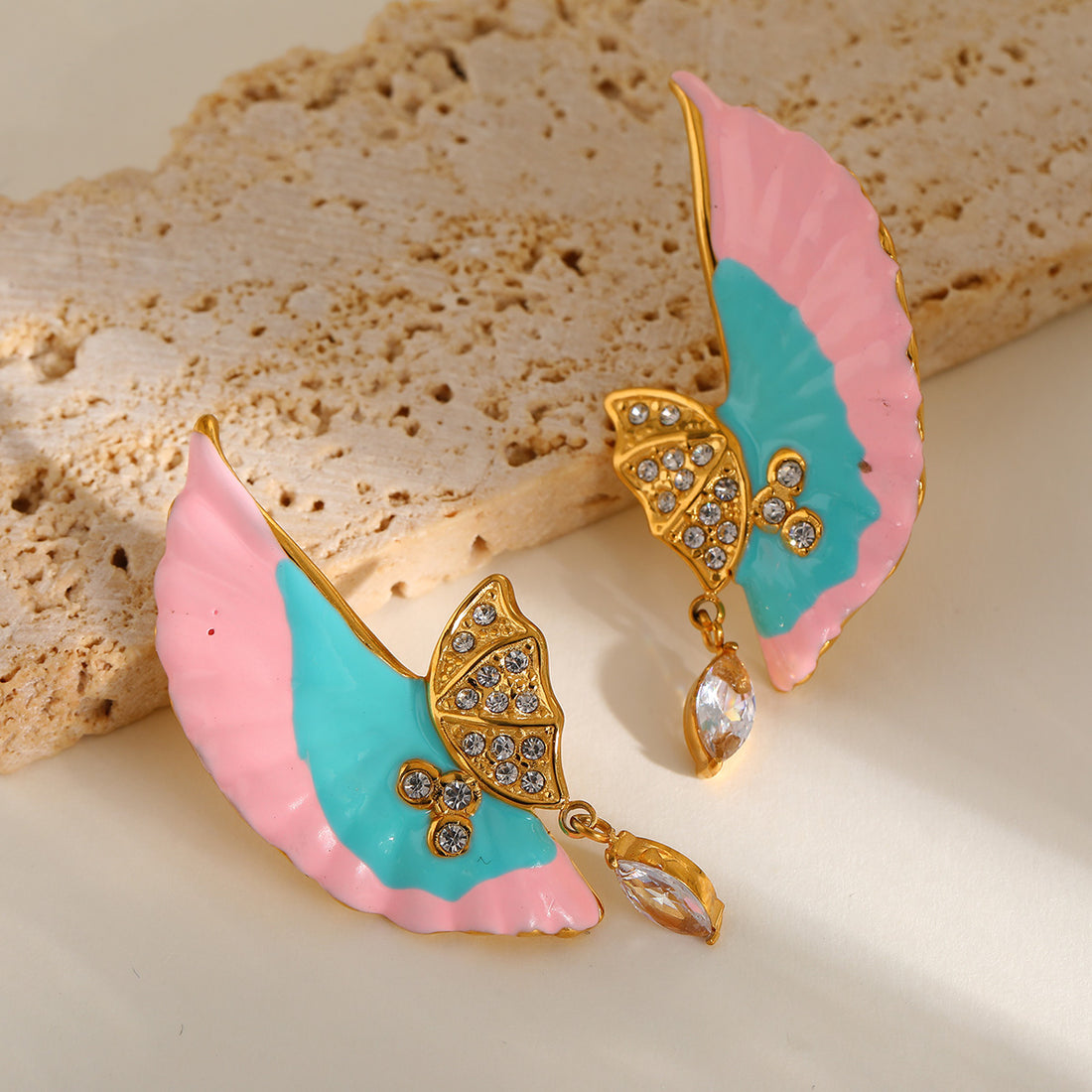 Jazbaat Gold-Plated AD Embellished Wing Design Colorful Drop Earrings