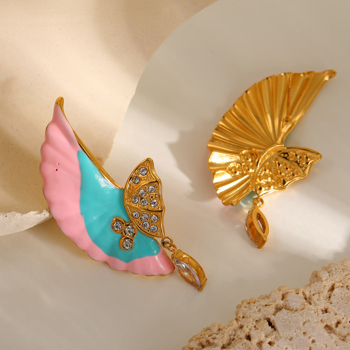 Jazbaat Gold-Plated AD Embellished Wing Design Colorful Drop Earrings