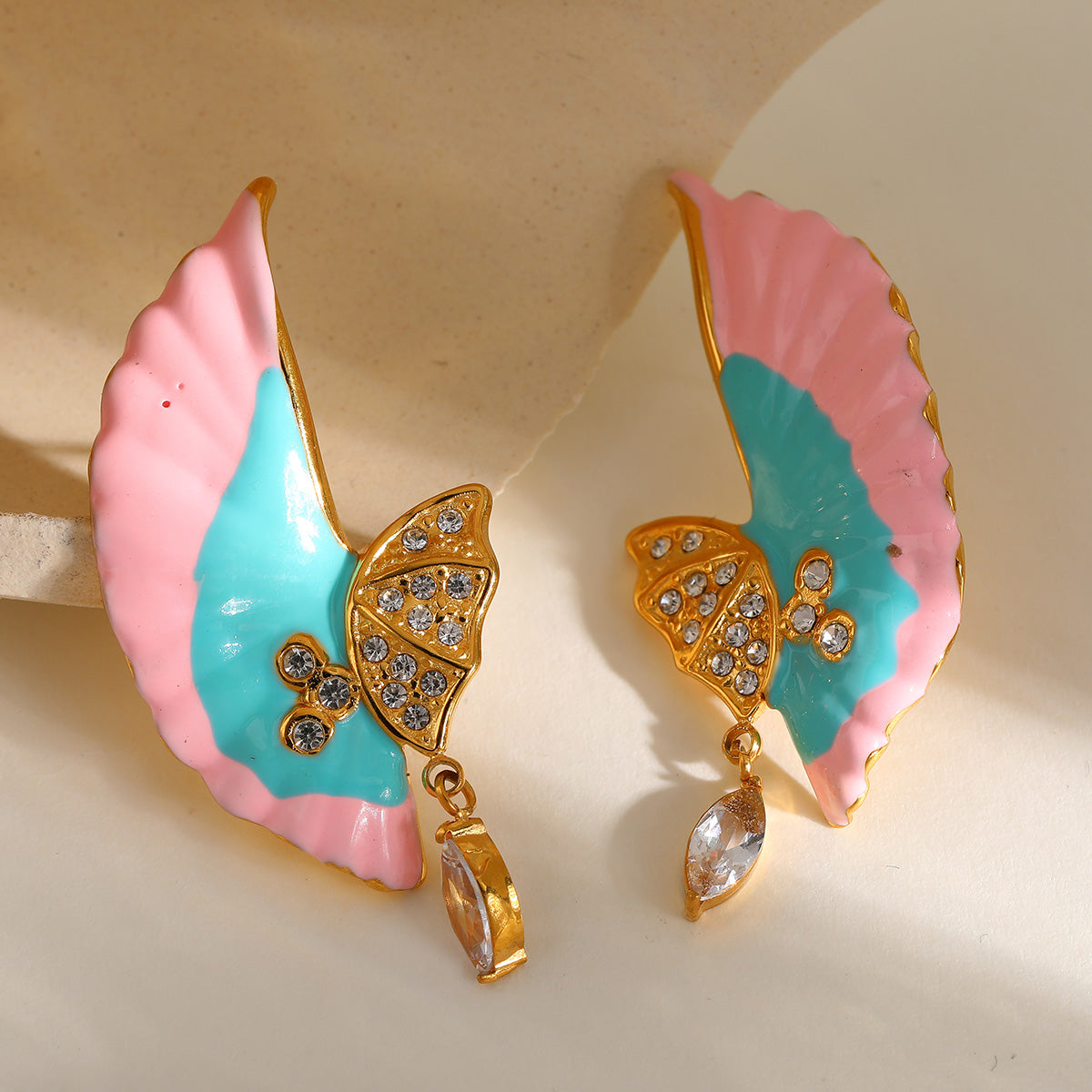 Jazbaat Gold-Plated AD Embellished Wing Design Colorful Drop Earrings