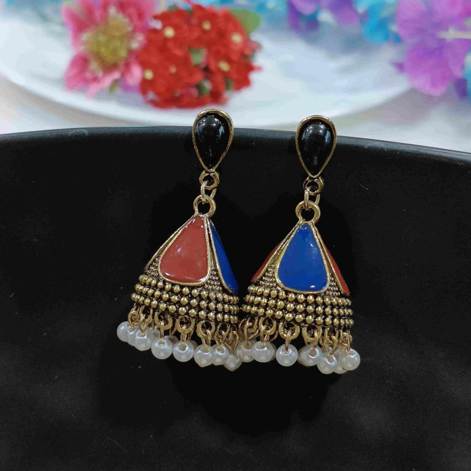 Jazbaat Gold-Plated Beaded Colorful Enamel Art Jhumka Dangler Earrings