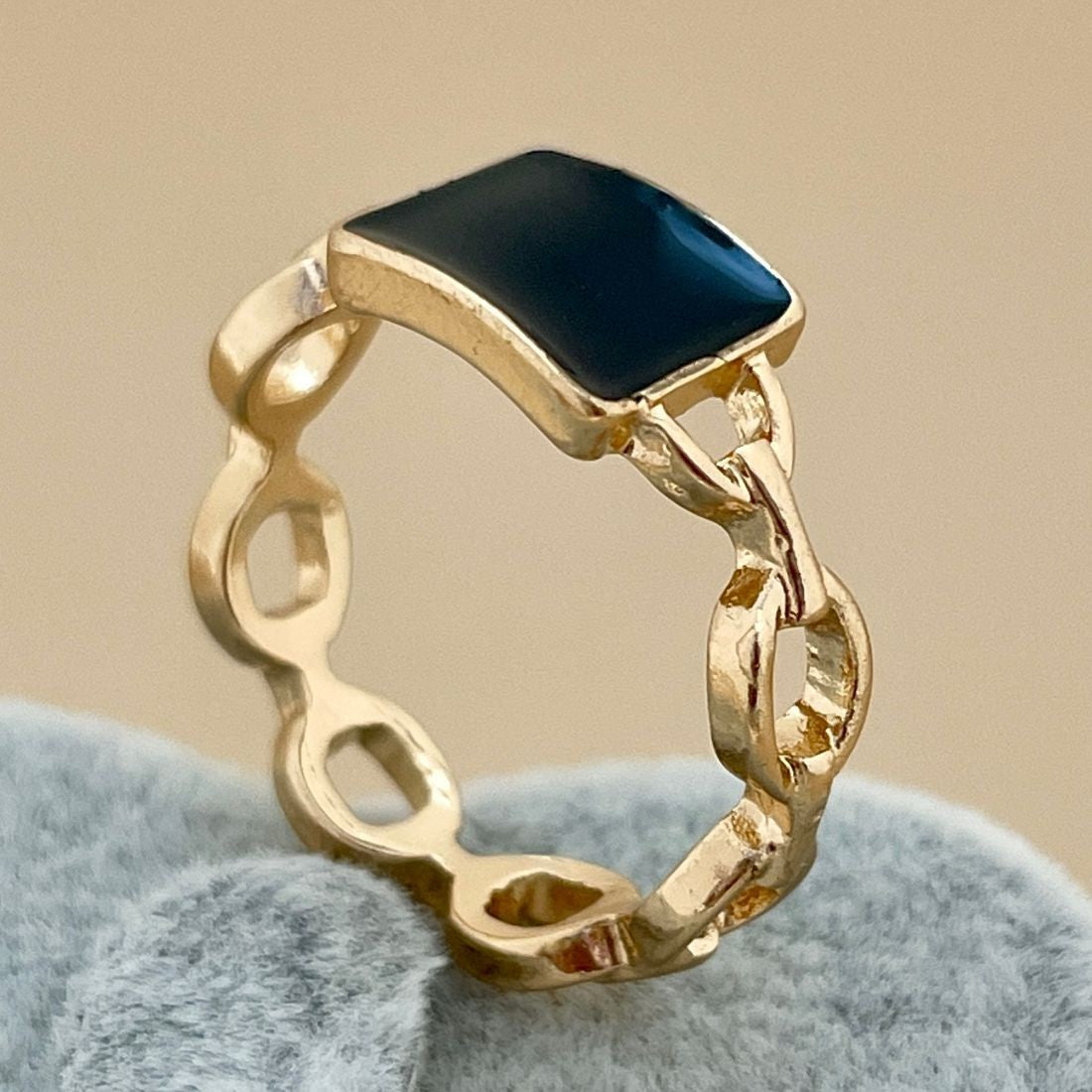 Jazbaat Gold-Plated Black Enamel Statement Ring