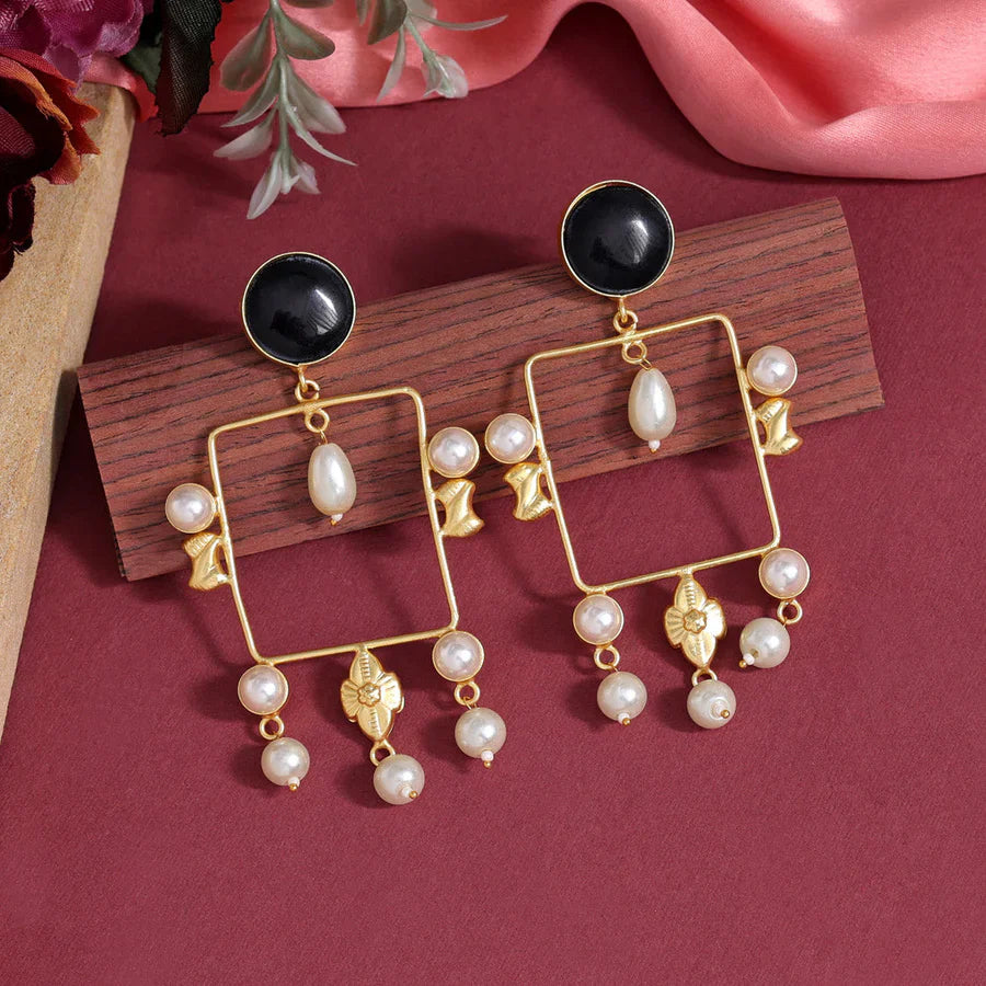 Jazbaat Gold-Plated Black Stone & Pearl Studded Amrapali Earrings