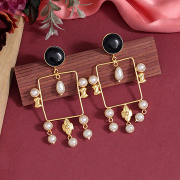 Jazbaat Gold-Plated Black Stone & Pearl Studded Amrapali Earrings