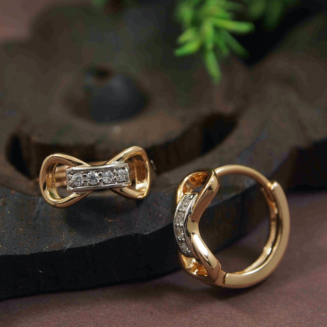 Jazbaat Gold-Plated Bow Shaped AD Studded Hoop Earrings