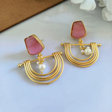 Jazbaat Gold-Plated Brass Pearl & Monalisa Stone Studded Dangler Earrings (Pink)