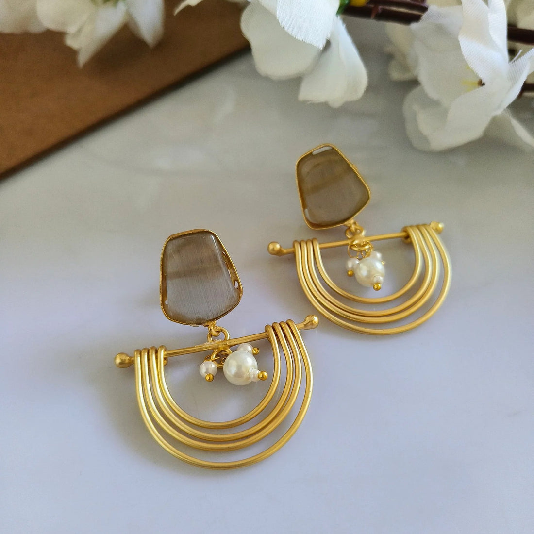 Jazbaat Gold-Plated Brass Pearl & Stone Studded Dangler Earrings (Off-White)