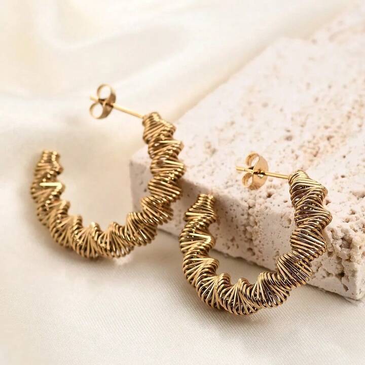 Jazbaat Gold-Plated C-Shaped Twisted Hoop Earrings