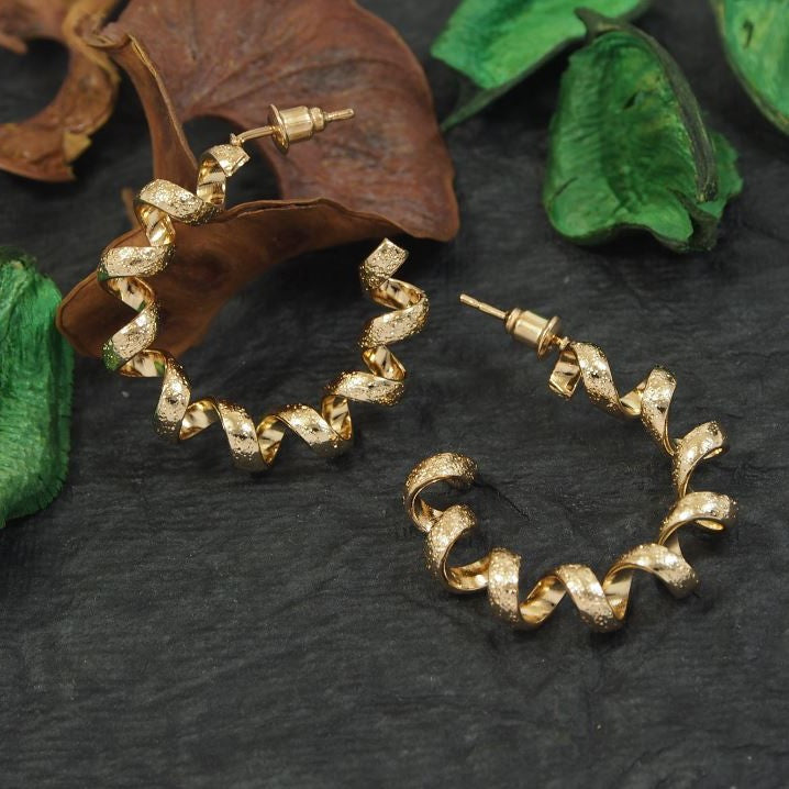 Jazbaat Gold-Plated C-shaped Twisted Spiral Hoop Earrings