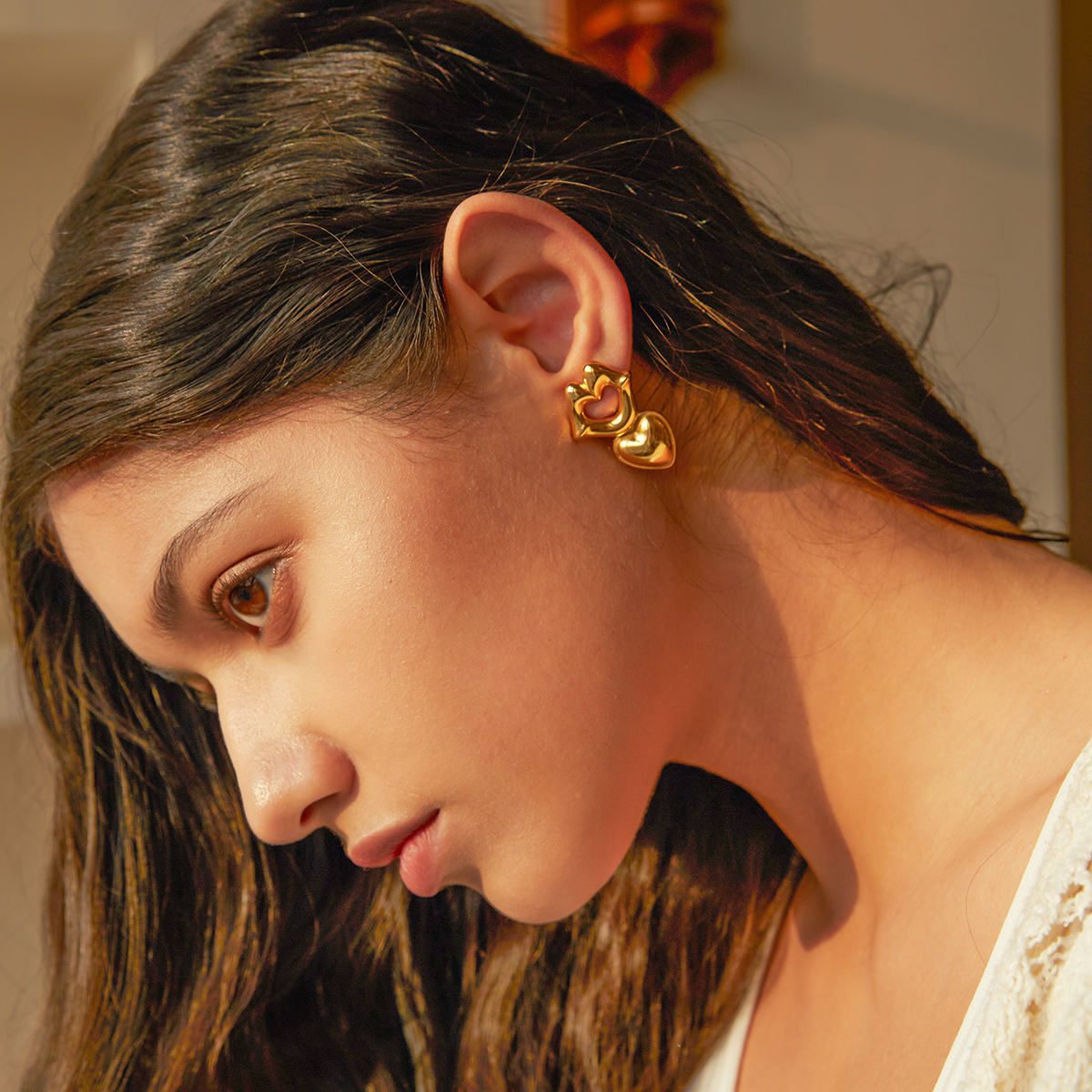 Jazbaat Gold-Plated Carved Lips & Heart Anti-Tarnish Drop Earrings