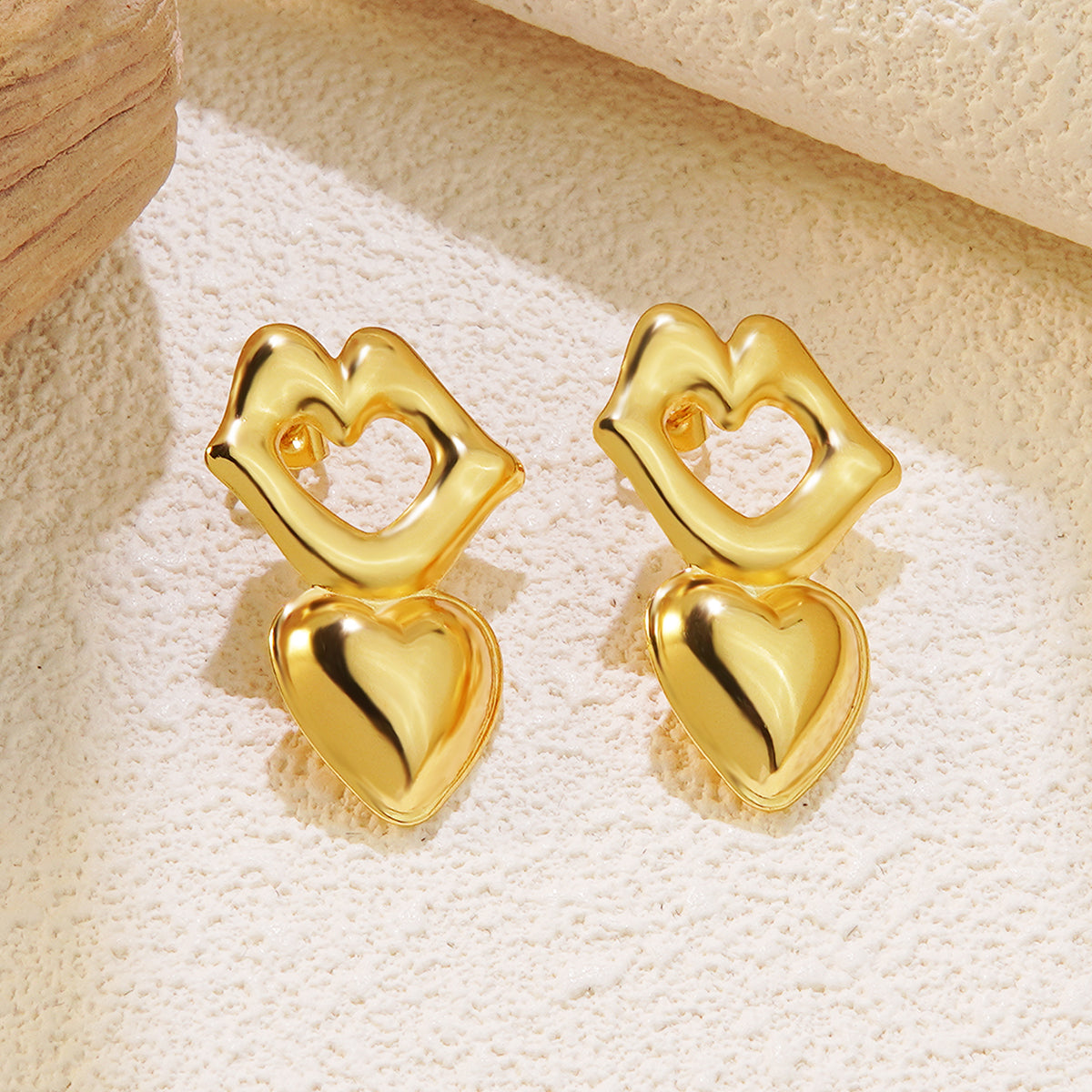 Jazbaat Gold-Plated Carved Lips & Heart Anti-Tarnish Drop Earrings