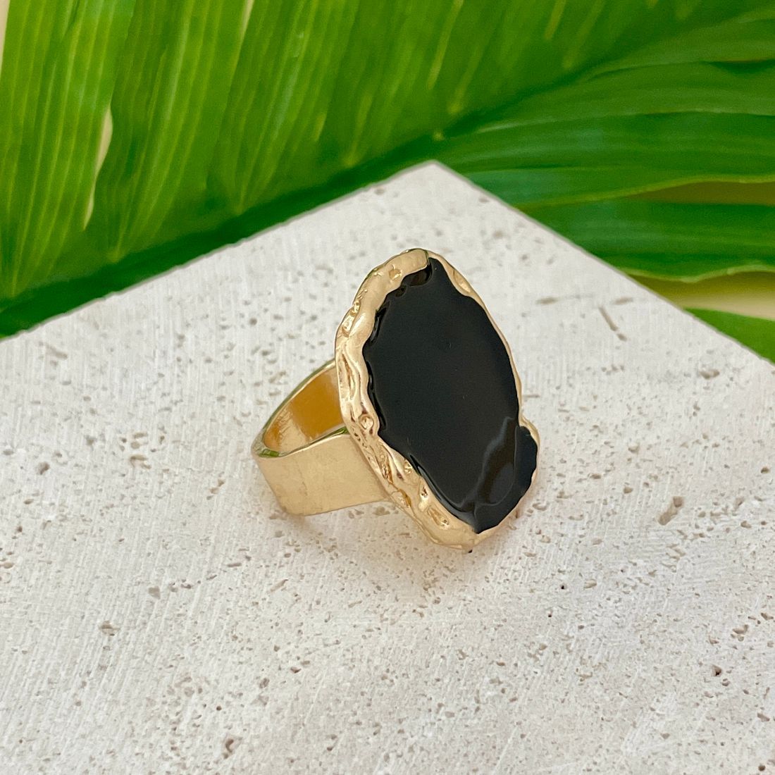 Jazbaat Gold-Plated Chunky Black Stone-Studded Finger Ring
