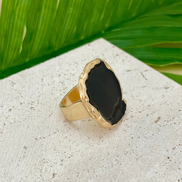 Jazbaat Gold-Plated Chunky Black Stone-Studded Finger Ring