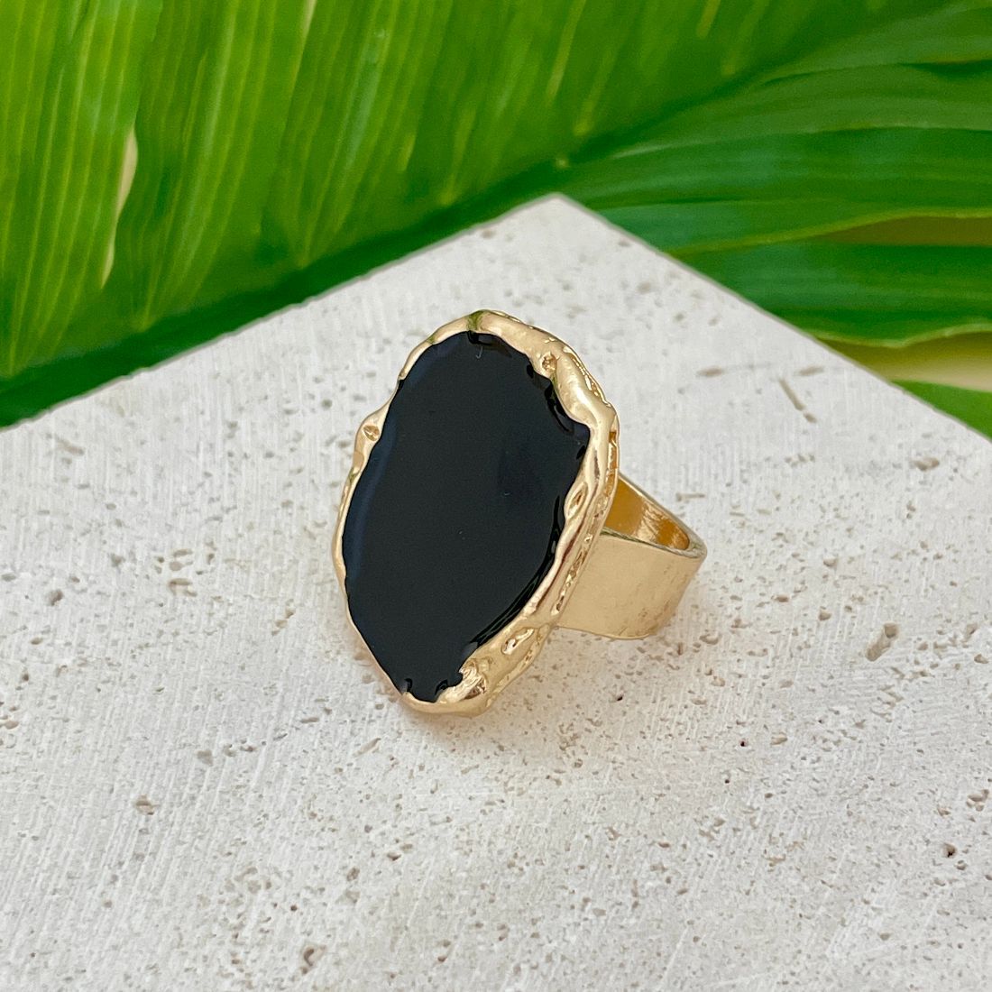 Jazbaat Gold-Plated Chunky Black Stone-Studded Finger Ring