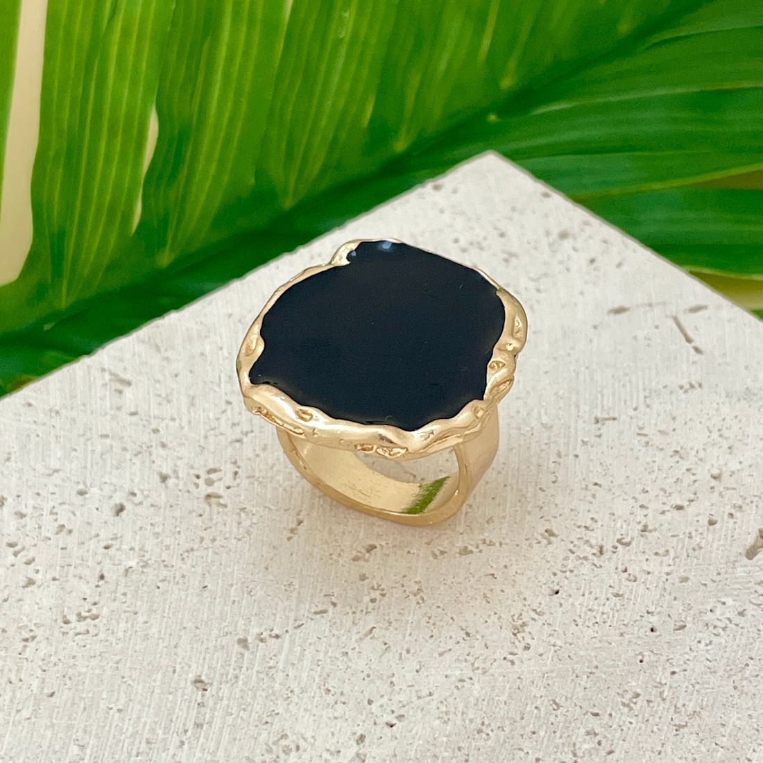 Jazbaat Gold-Plated Chunky Black Stone-Studded Finger Ring