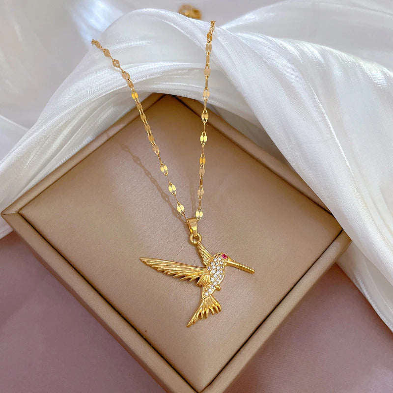 Jazbaat Gold-Plated Crystal Stone Hummingbird Pendant Necklace