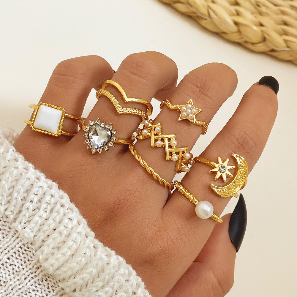Jazbaat Gold-Plated Crystal Studded Stacking Rings 9-Pack