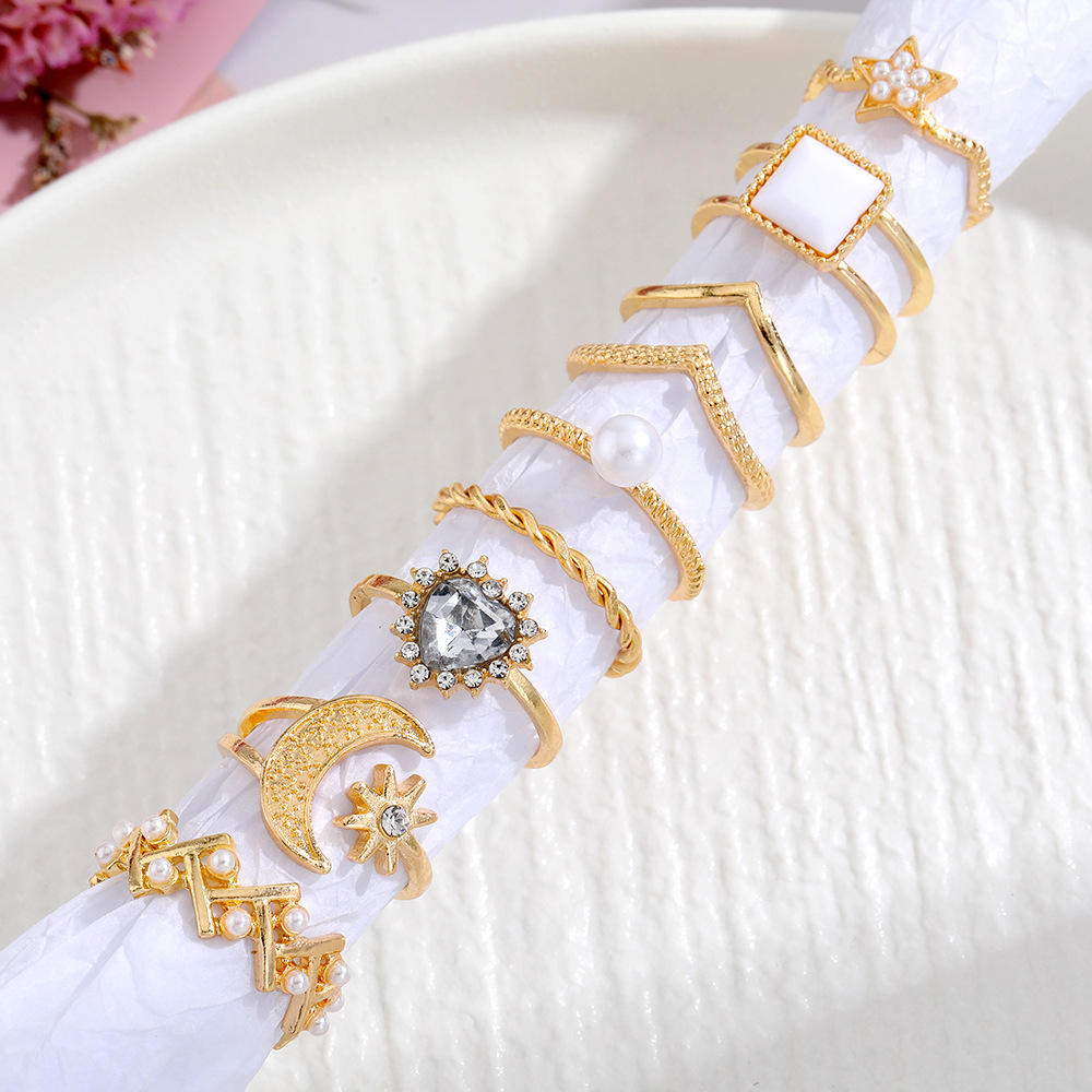Jazbaat Gold-Plated Crystal Studded Stacking Rings 9-Pack