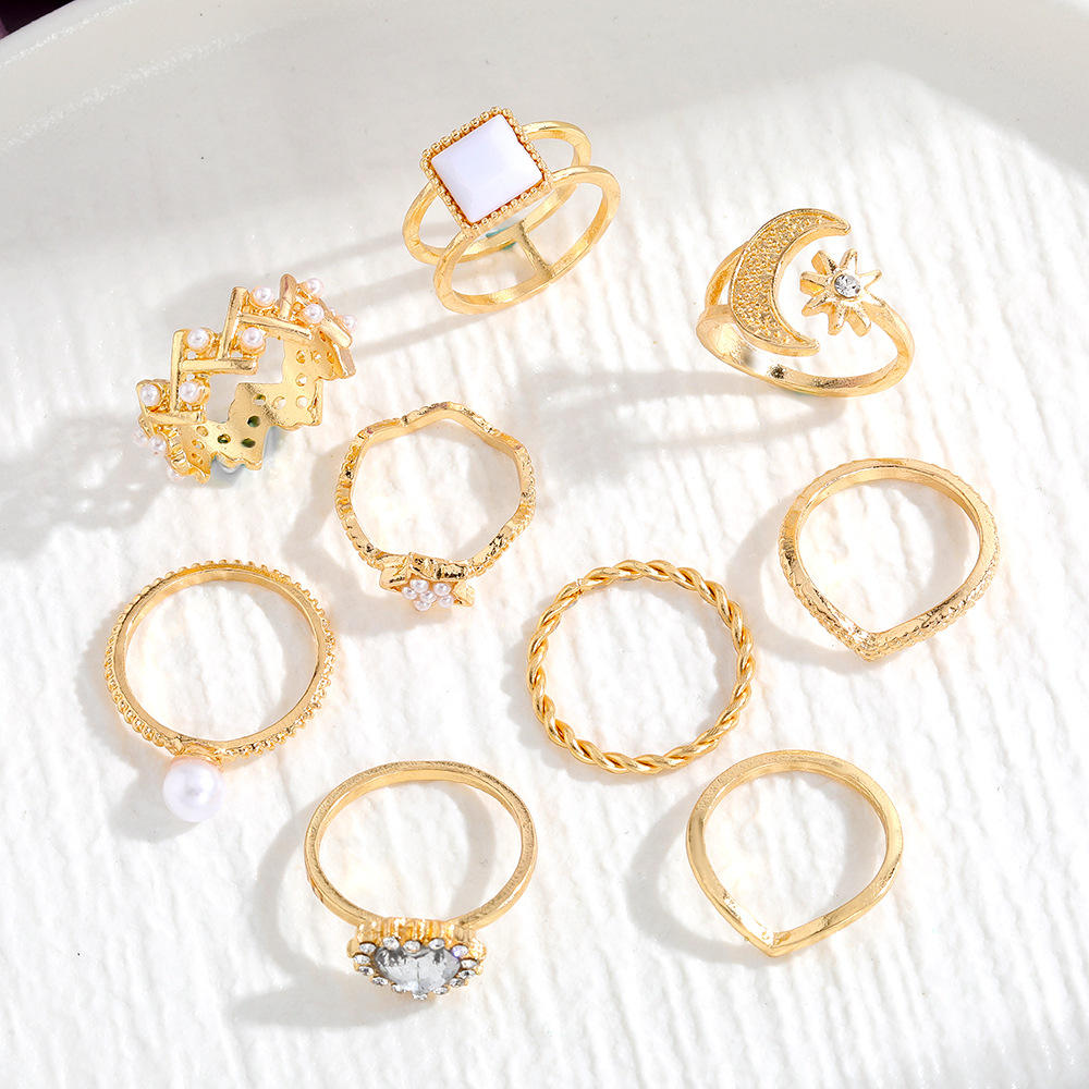 Jazbaat Gold-Plated Crystal Studded Stacking Rings 9-Pack
