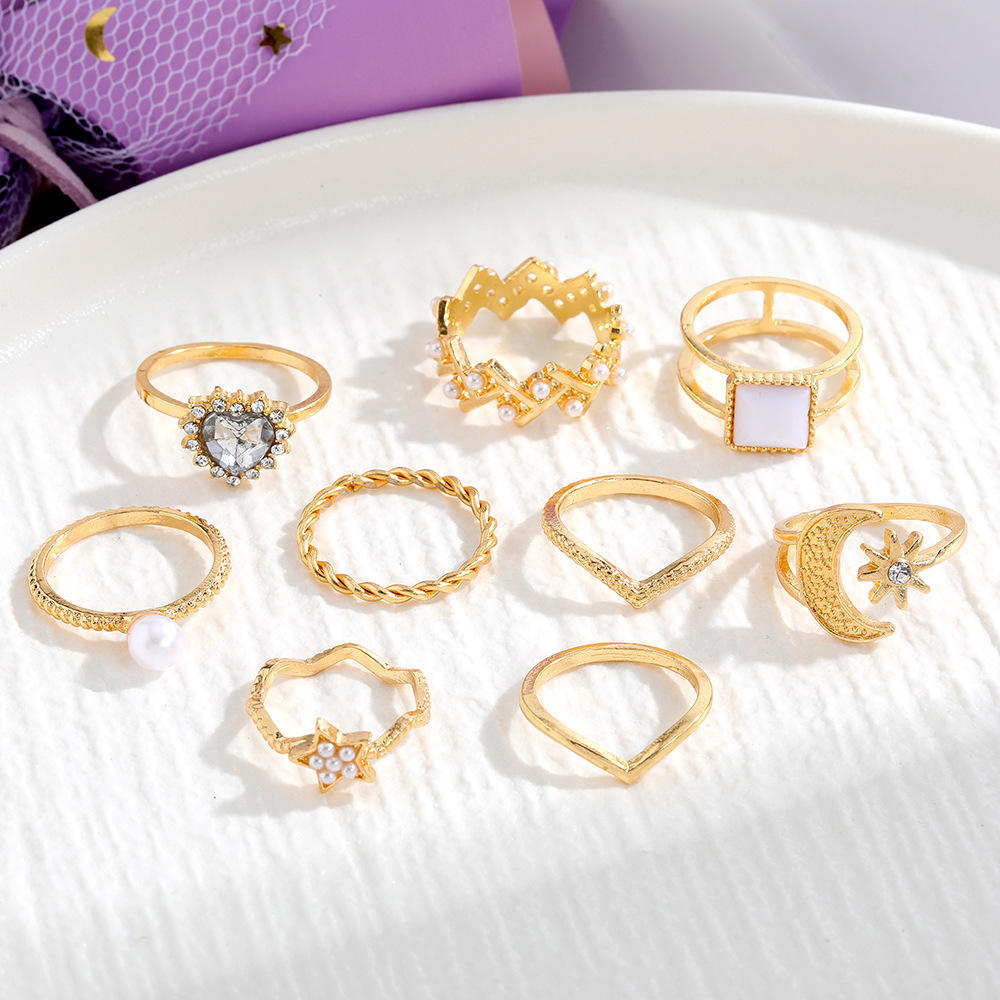Jazbaat Gold-Plated Crystal Studded Stacking Rings 9-Pack