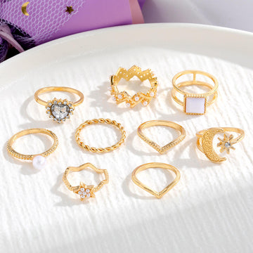 Jazbaat Gold-Plated Crystal Studded Stacking Rings 9-Pack