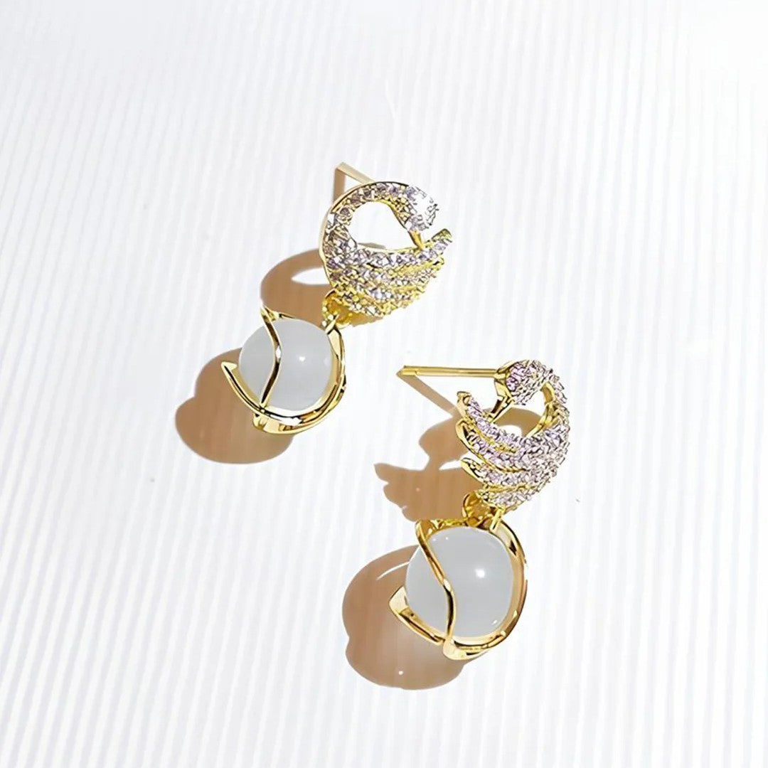 Jazbaat Gold-Plated Crystal Studded Swan Korean Pearl Drop Earrings