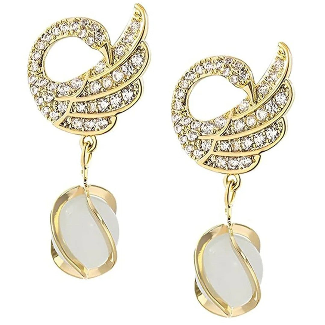 Jazbaat Gold-Plated Crystal Studded Swan Korean Pearl Drop Earrings