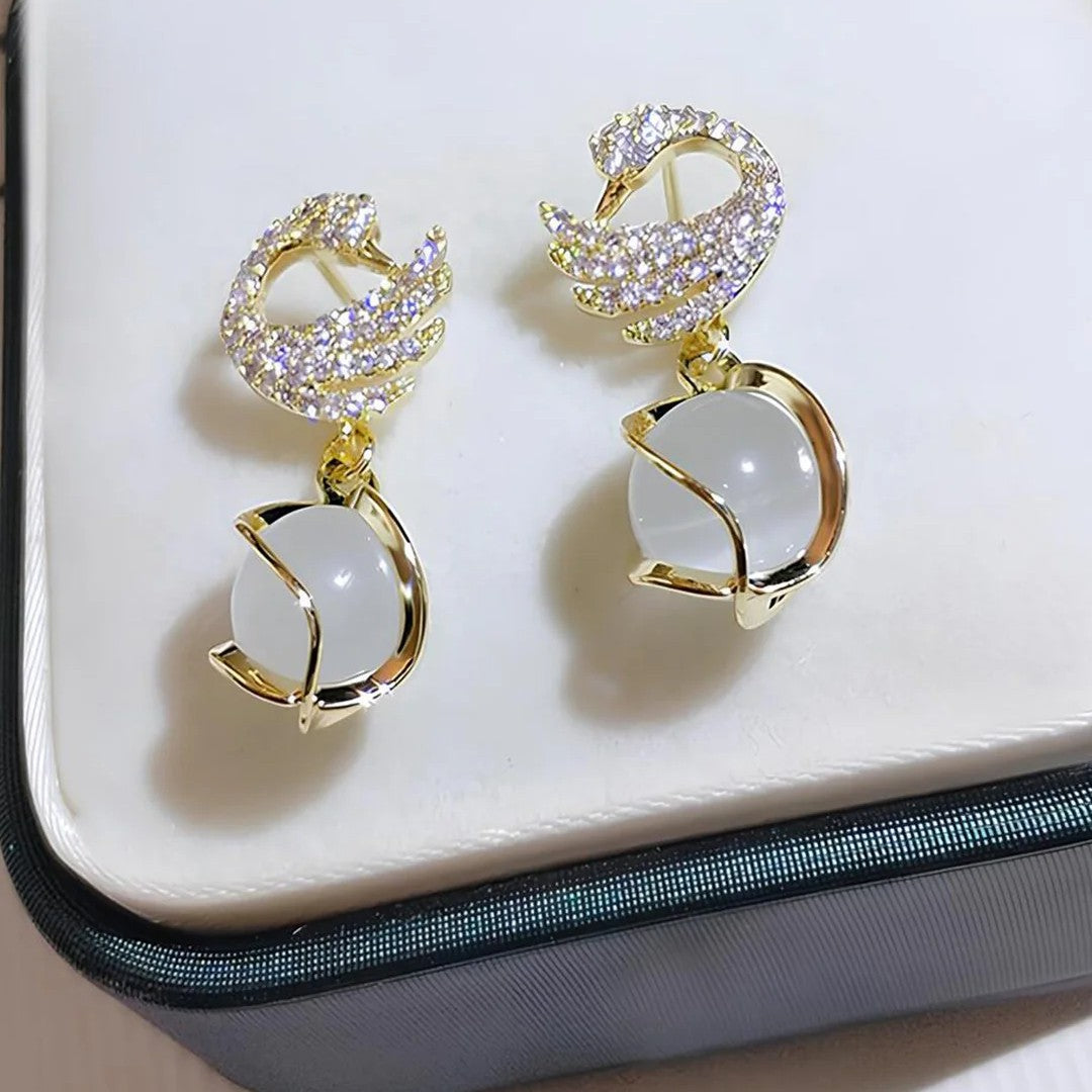 Jazbaat Gold-Plated Crystal Studded Swan Korean Pearl Drop Earrings