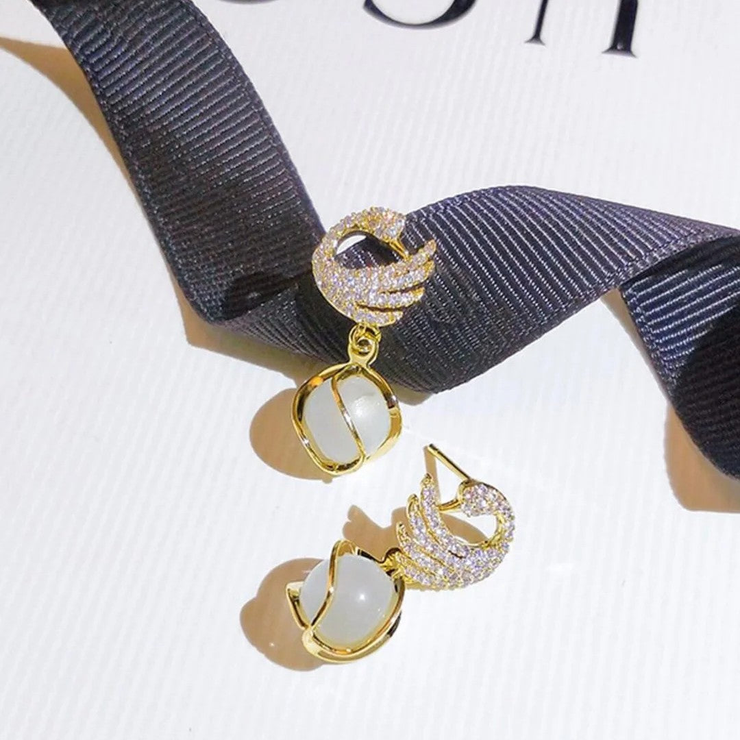 Jazbaat Gold-Plated Crystal Studded Swan Korean Pearl Drop Earrings