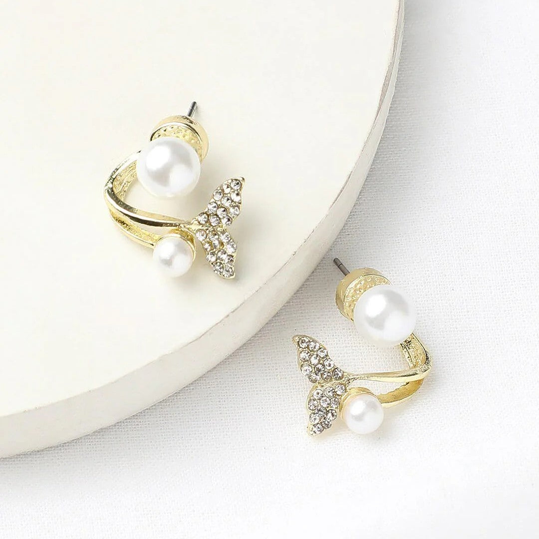 Jazbaat Gold-Plated Crystal & Pearl Studded Fishtail Stud Earrings