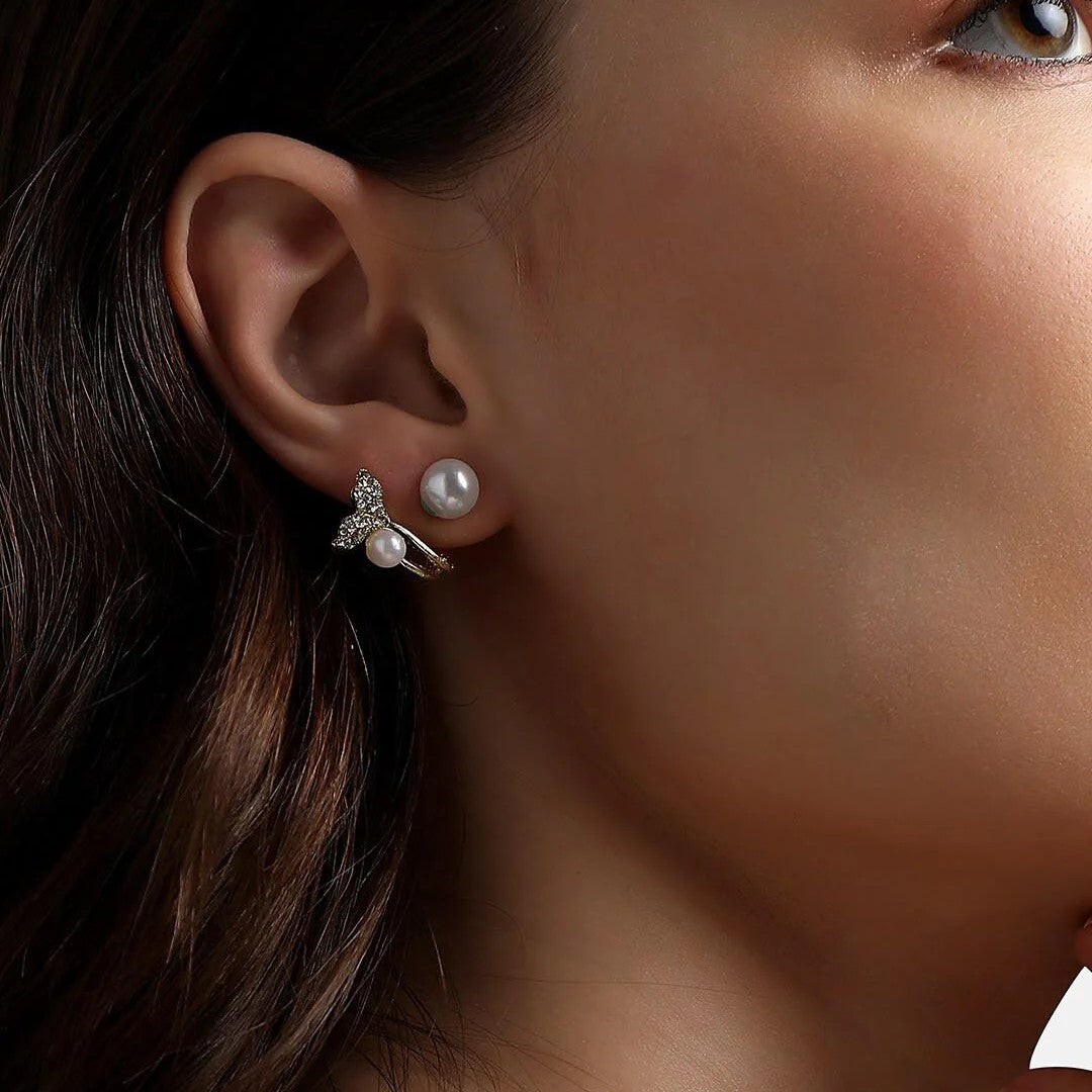 Jazbaat Gold-Plated Crystal & Pearl Studded Fishtail Stud Earrings