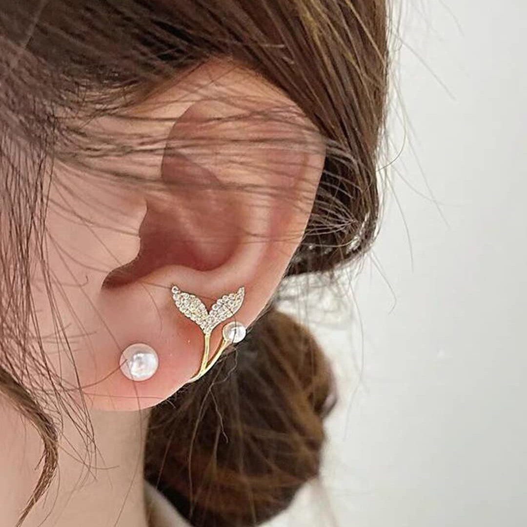 Jazbaat Gold-Plated Crystal & Pearl Studded Fishtail Stud Earrings