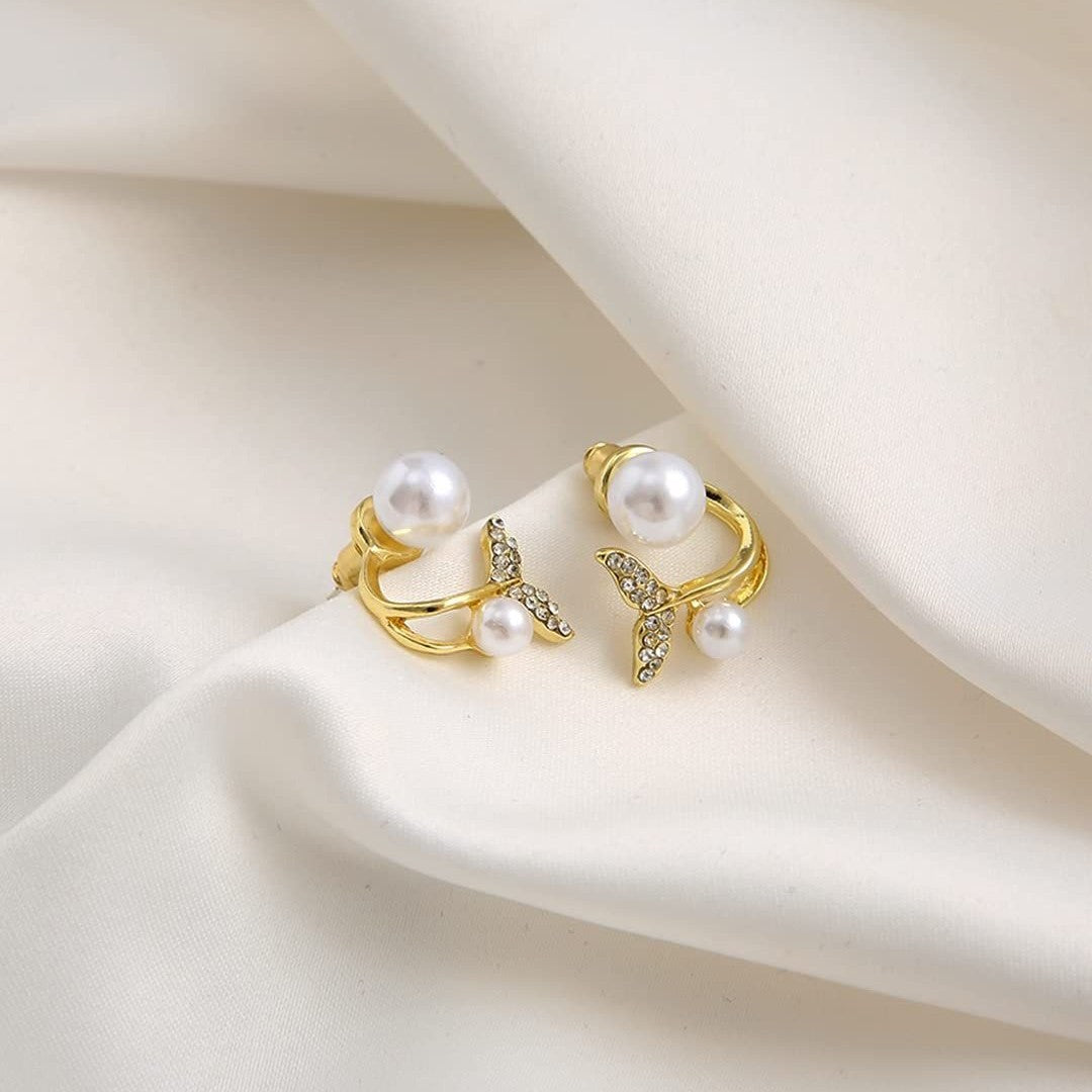 Jazbaat Gold-Plated Crystal & Pearl Studded Fishtail Stud Earrings