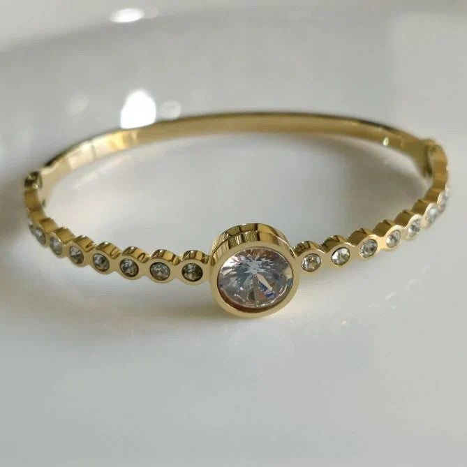Jazbaat Gold-Plated Cubic Zirconia Embedded Openable Bangle Bracelet