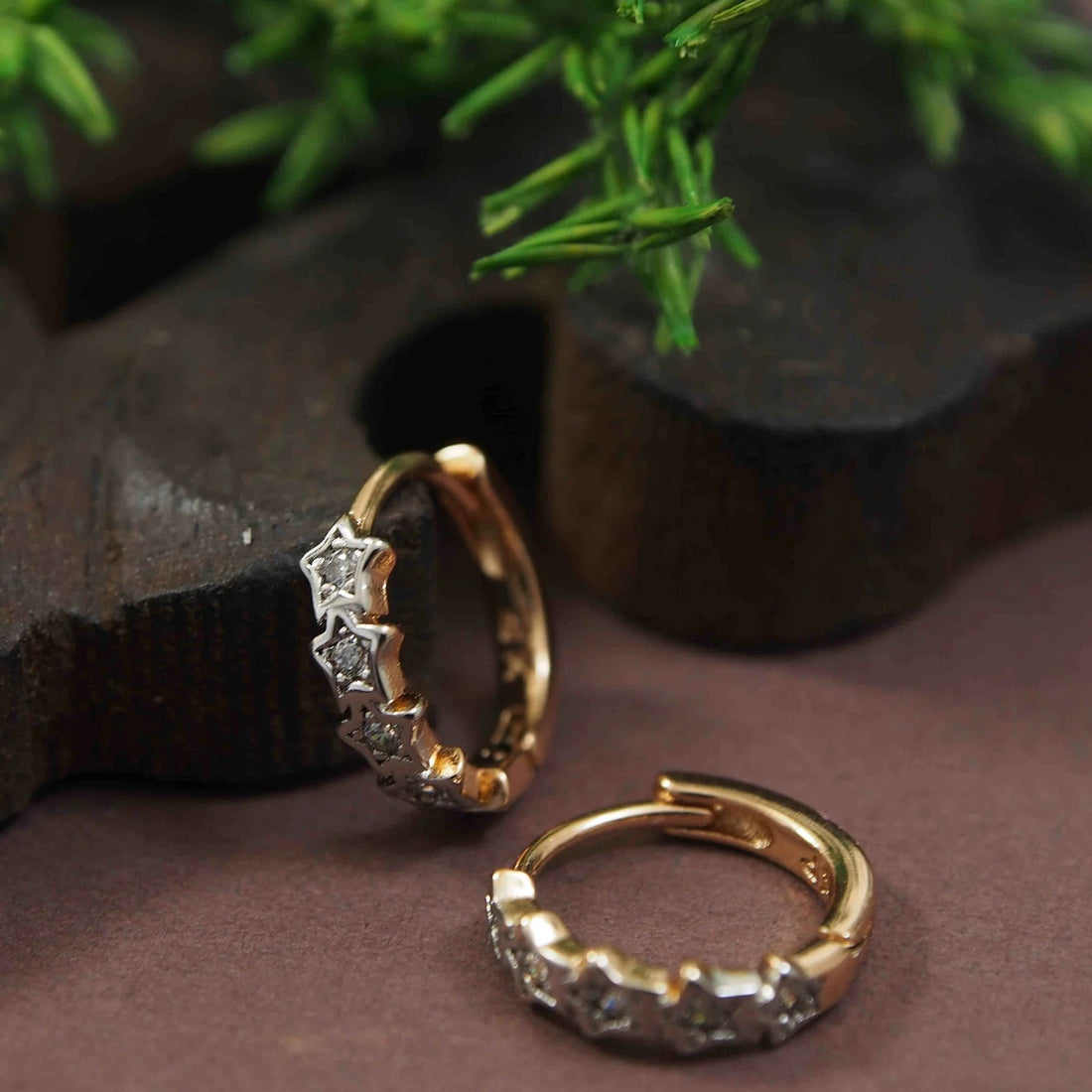 Jazbaat Gold-Plated Five-Star CZ Stone Studded Hoop Earrings