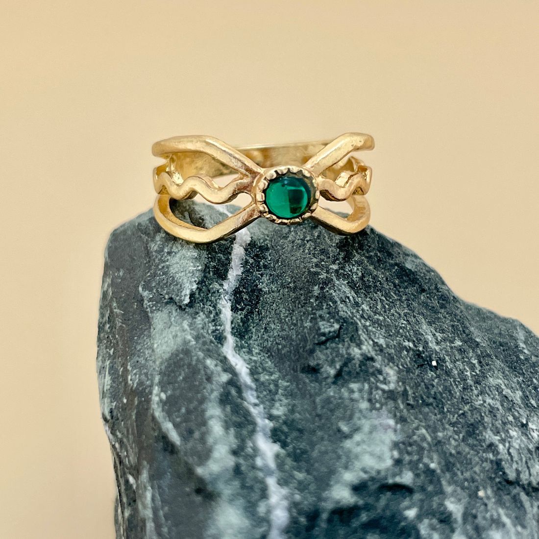 Jazbaat Gold-Plated Green Gemstone Statement Ring