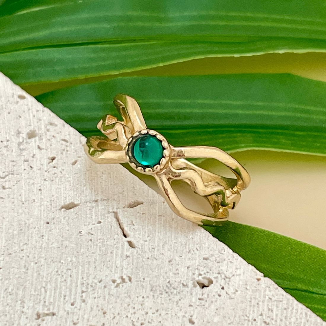 Jazbaat Gold-Plated Green Gemstone Statement Ring