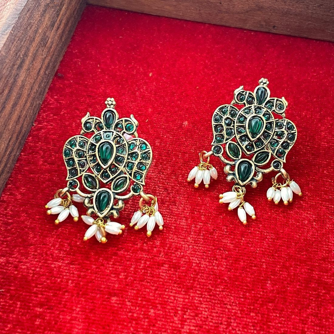 Jazbaat Gold-Plated Green Stones & Beaded Earrings