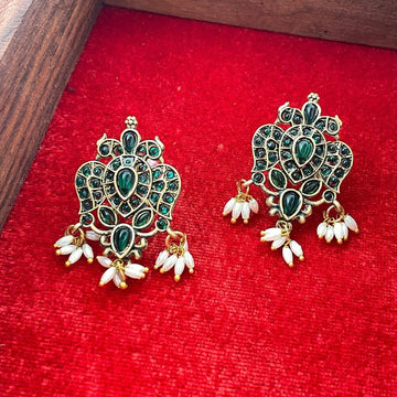 Jazbaat Gold-Plated Green Stones & Beaded Earrings