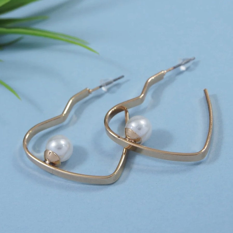 Jazbaat Gold-Plated Heart Design Pearl Studded Hoop Earrings