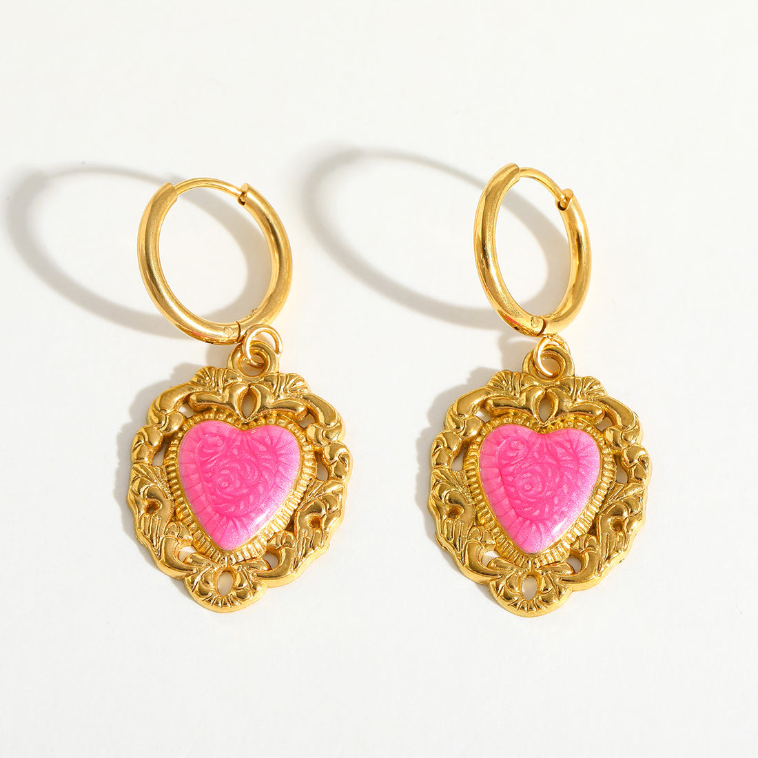 Jazbaat Gold-Plated Heart Shaped Rose Enamel Romantic Statement Earrings