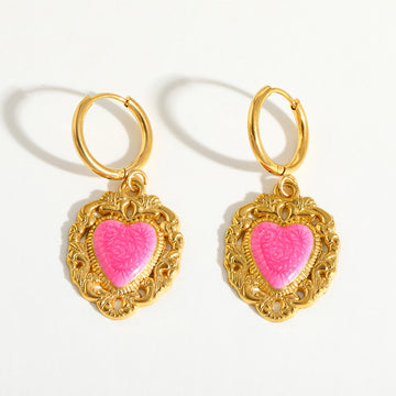 Jazbaat Gold-Plated Heart Shaped Rose Enamel Romantic Statement Earrings