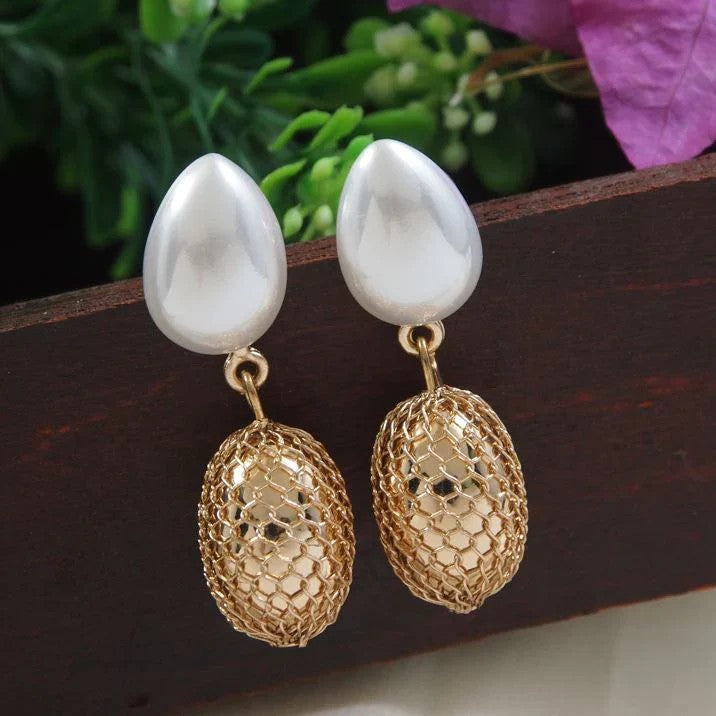 Jazbaat Gold-Plated Mesh Pearl Drop Earrings