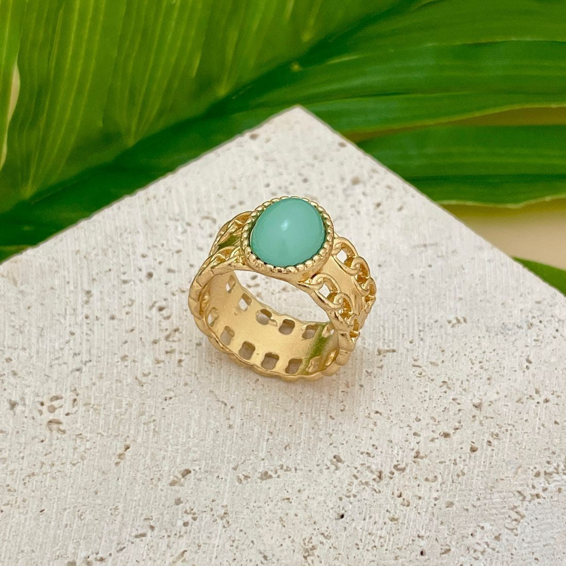 Jazbaat Gold-Plated Mint Green Statement Ring