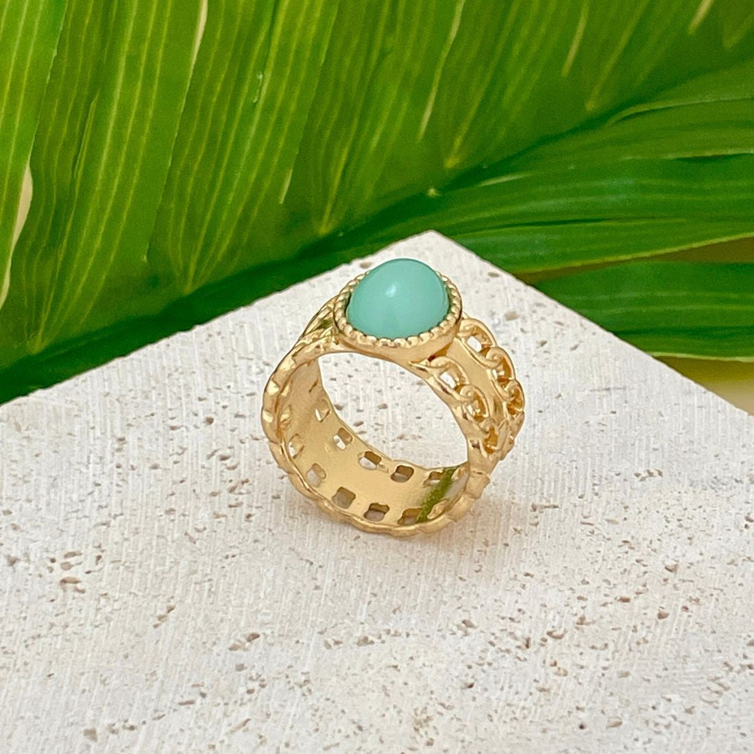 Jazbaat Gold-Plated Mint Green Statement Ring