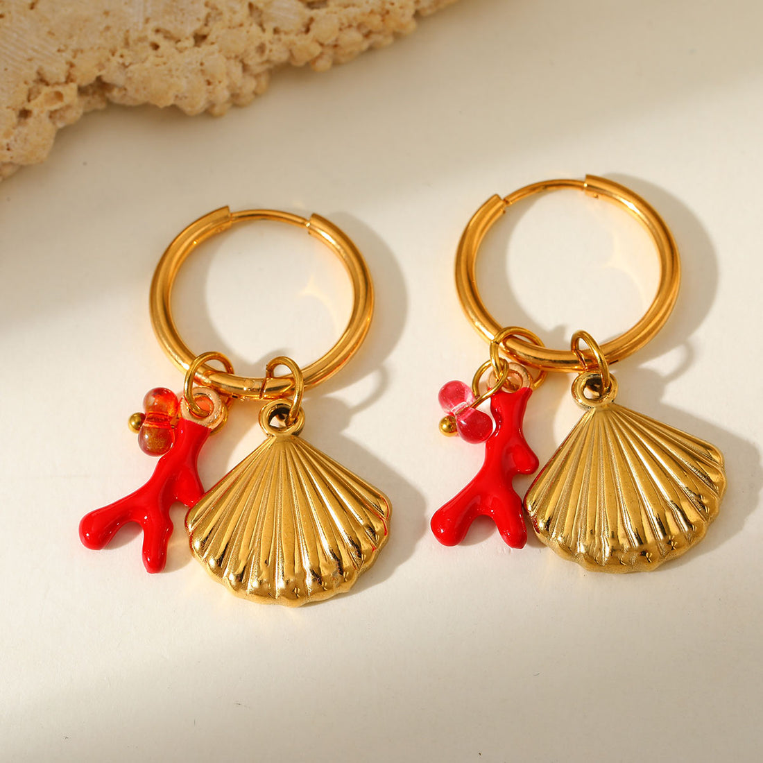 Jazbaat 18K Gold-Plated Ocean-Inspired Red Enameled Coral & Shell Earrings