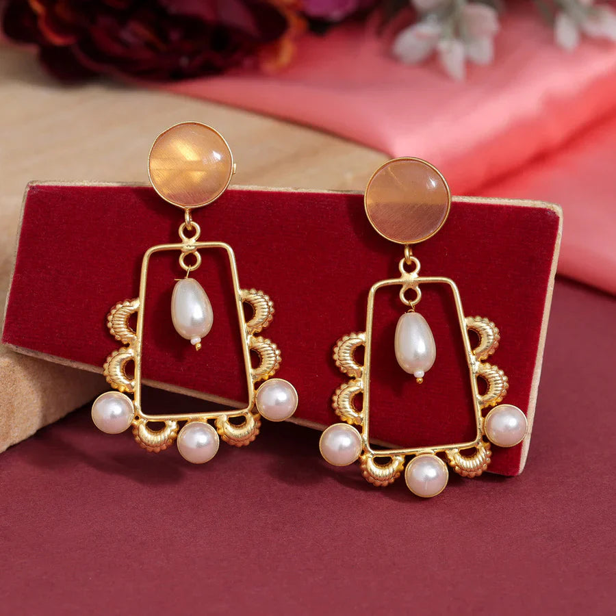 Jazbaat Gold-Plated Peach Stone & Pearl Studded Amrapali Earrings