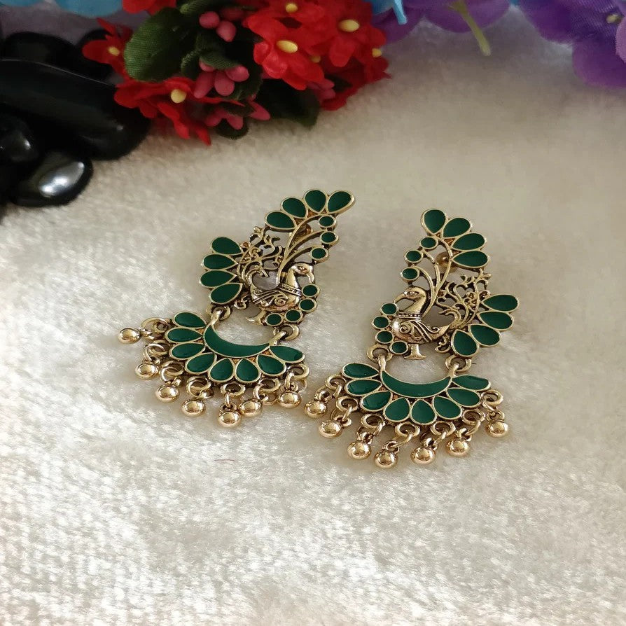 Jazbaat Gold-Plated Peacock Design Antique Meenakari Dangler Earrings
