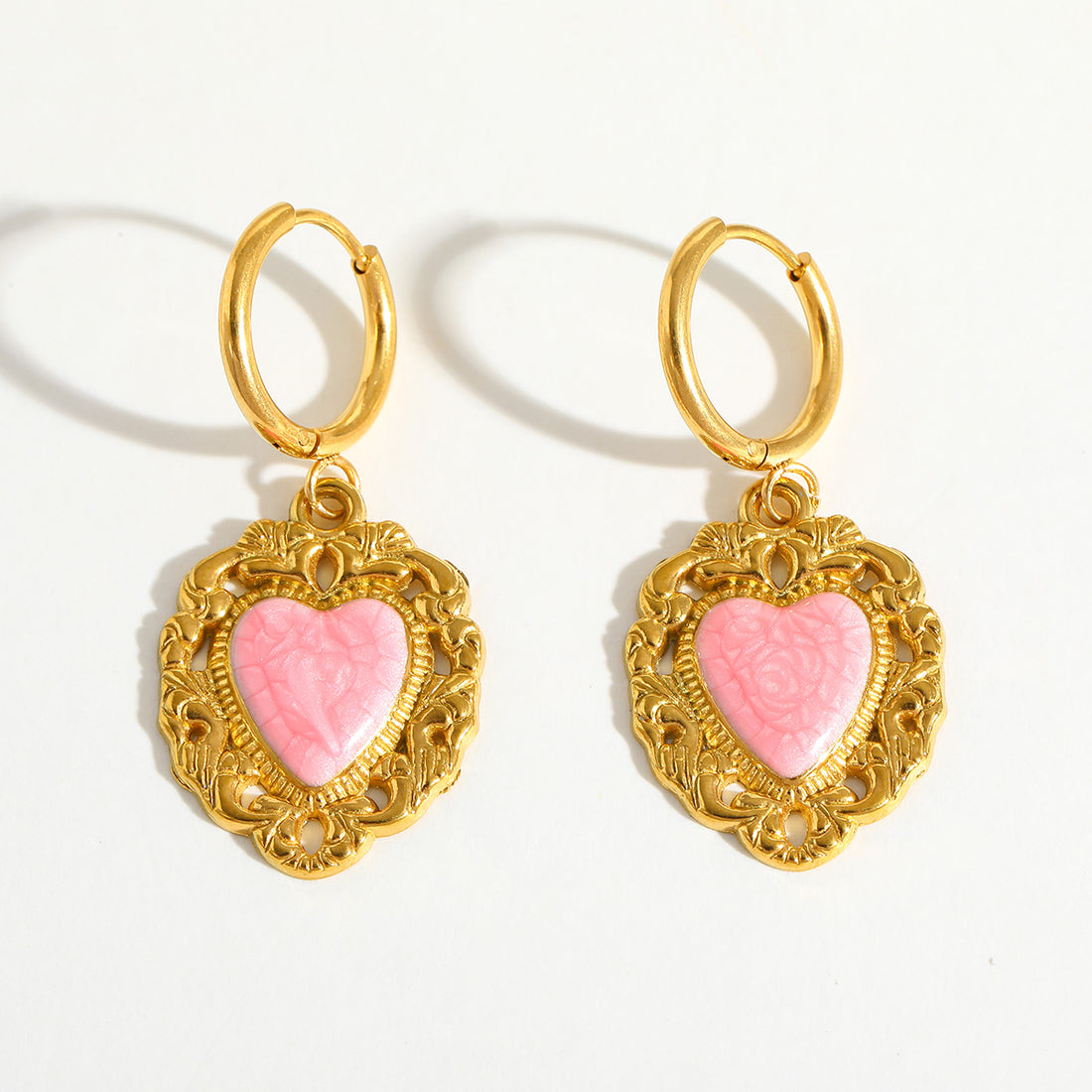 Jazbaat Gold-Plated Pink Enamel Romantic Heart Shaped Statement Earrings
