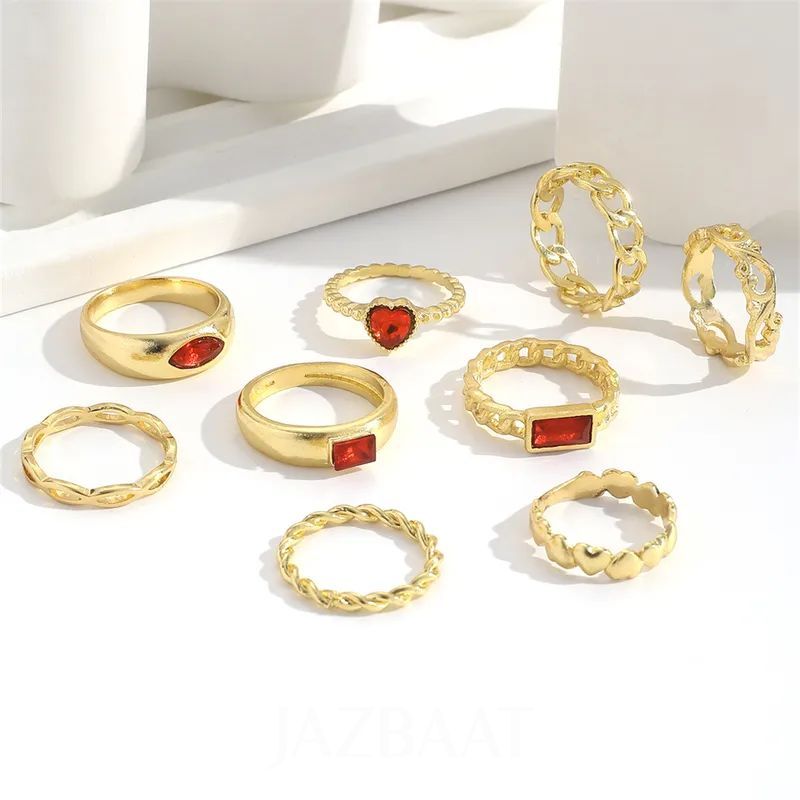 Jazbaat Gold-Plated Red Crystals Stacking Rings 9-Pack